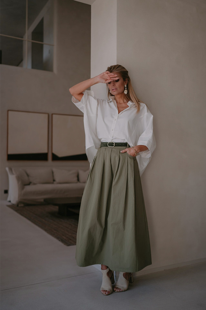 Classic Khaki Cotton Long Skirt – Comfortable Fit with Side Zipper Detail