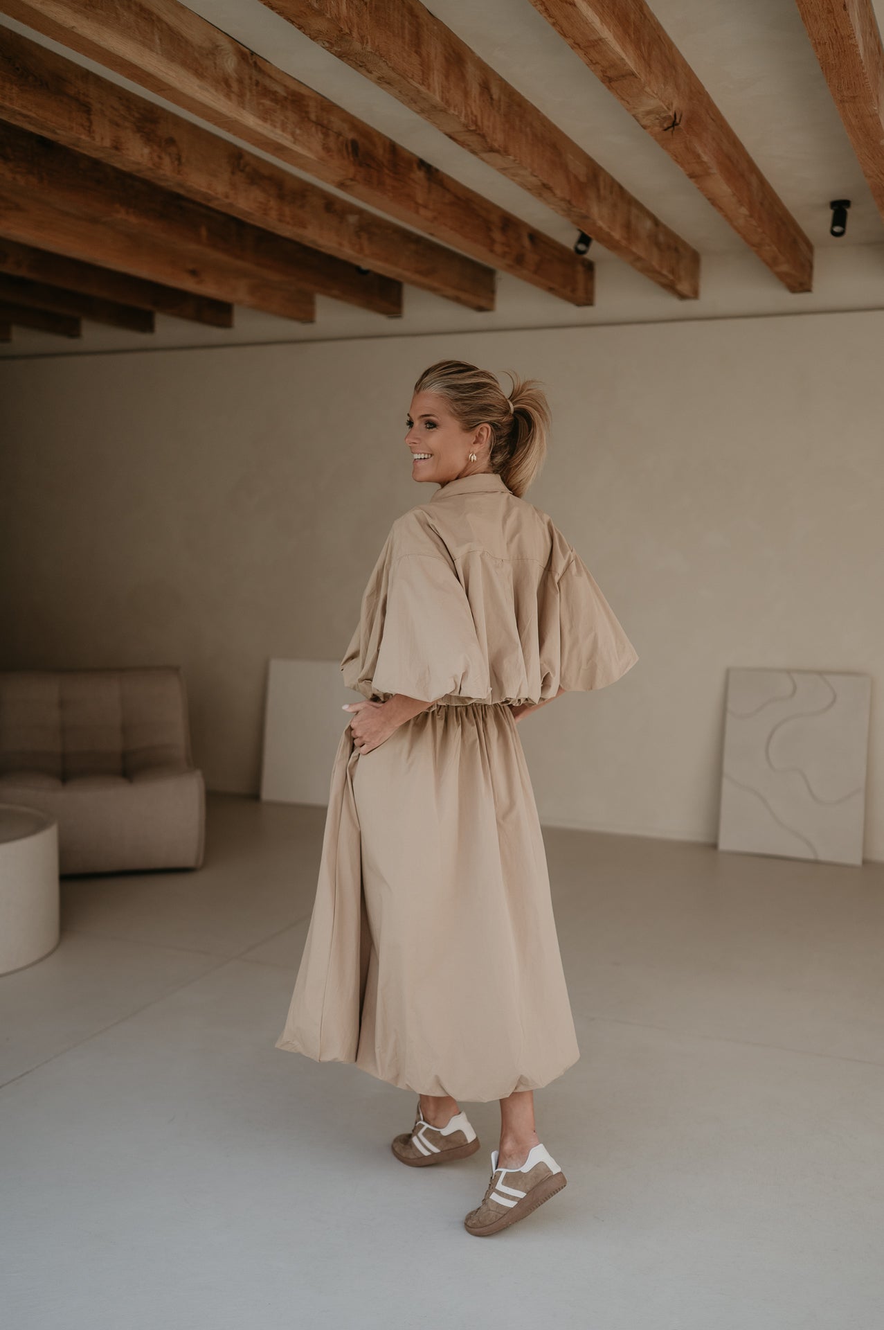 Beige Balloon Skirt with Elastic Waistband – Stylish Half-Length Cotton Skirt in S/M and M/L Sizes 7