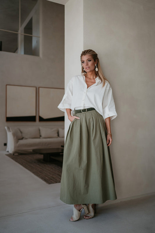 Long Khaki Cotton Skirt with Side Zipper – Comfortable Fit, Versatile Style, Available in S/M and M/L 0