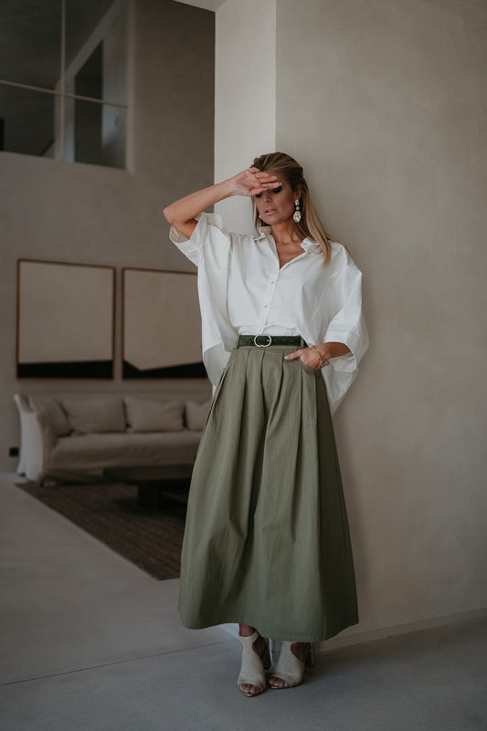 Long Khaki Cotton Skirt with Side Zipper – Comfortable Fit, Versatile Style, Available in S/M and M/L 1
